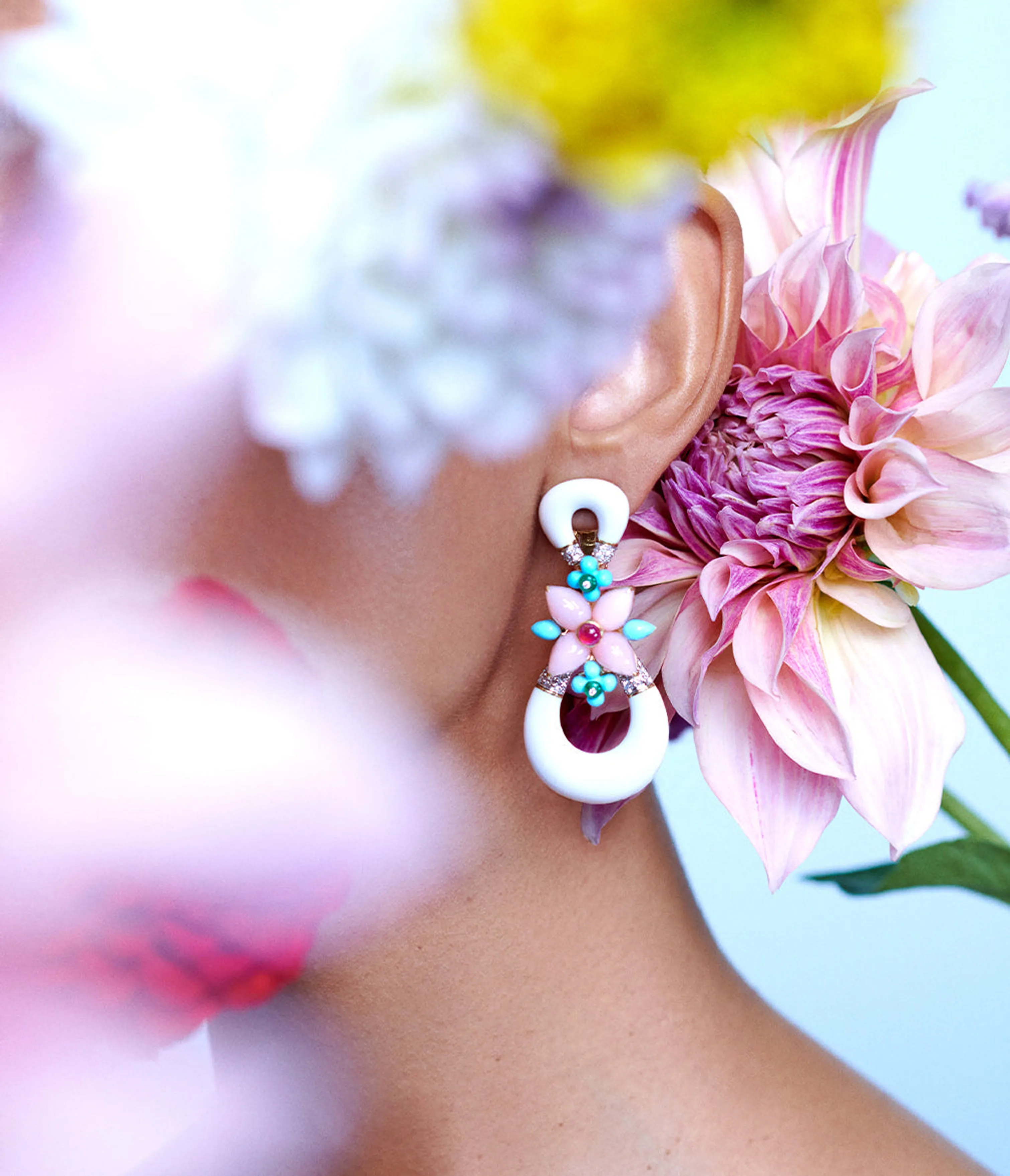 Asheville Earrings, White Enamel, Pink Opal, Diamonds