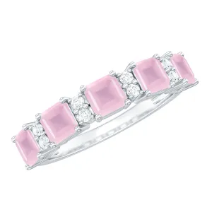 Asscher Cut Rose Quartz and Diamond Classic Band Ring