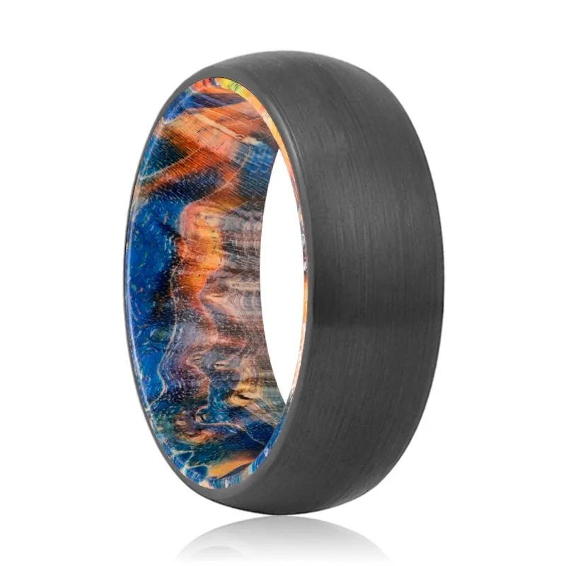 BEVERLY | Blue & Yellow/Orange Wood, Black Tungsten Ring, Brushed, Domed