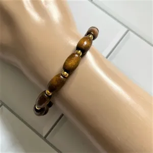 Brown Wood Barrel and Gold Beaded Mens Bracelet