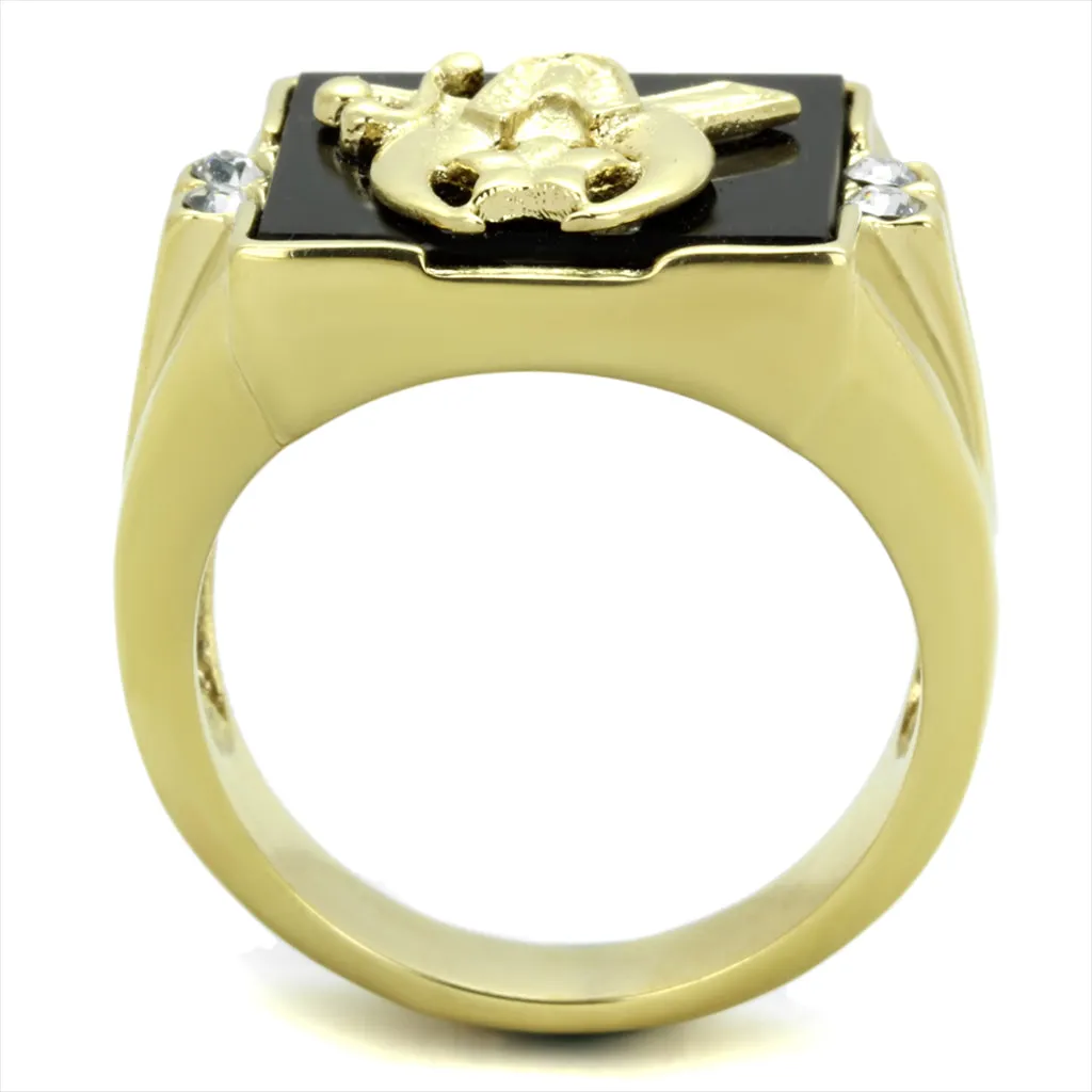 CJE1890 Wholesale Men's Stainless Steel IP Gold Synthetic Jet Black Onyx Shriner's Ring