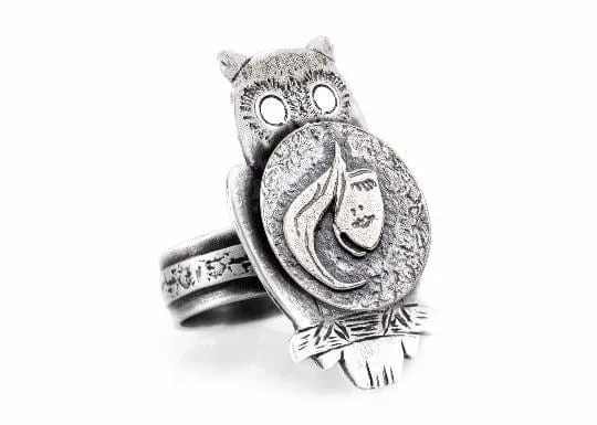 Coin ring with the Stylish Face coin medallion on owl ahuva coin jewelry owl jewelry