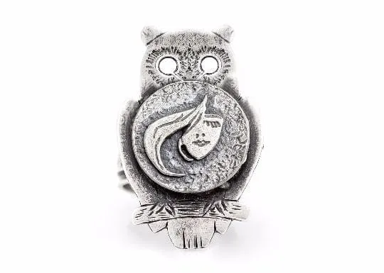 Coin ring with the Stylish Face coin medallion on owl ahuva coin jewelry owl jewelry