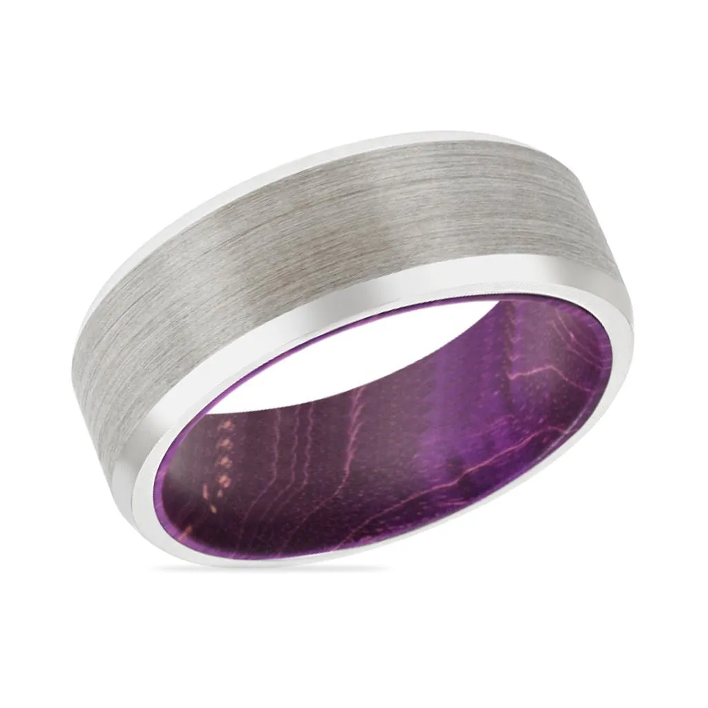 CORC | Purple Wood, Silver Tungsten Ring, Brushed, Beveled