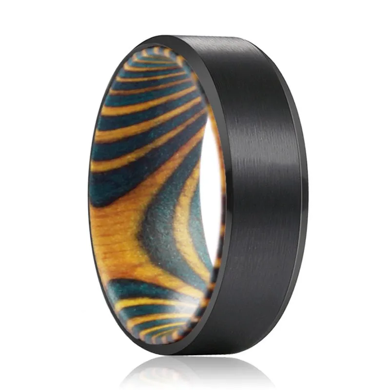 DAMON | Green and Yellow Wood, Black Tungsten Ring, Brushed, Beveled