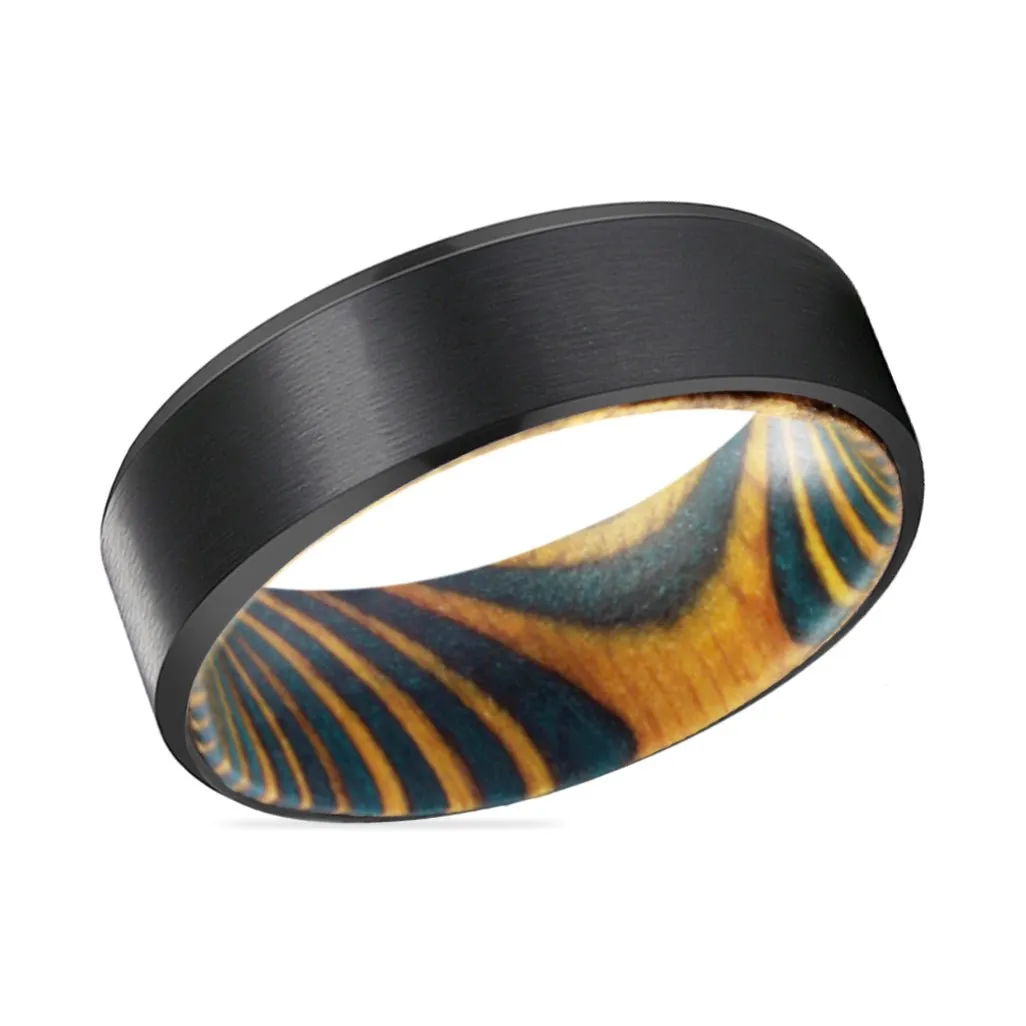 DAMON | Green and Yellow Wood, Black Tungsten Ring, Brushed, Beveled