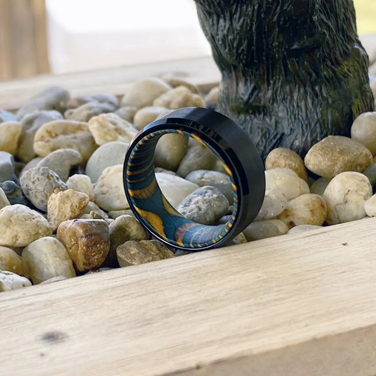 DAMON | Green and Yellow Wood, Black Tungsten Ring, Brushed, Beveled