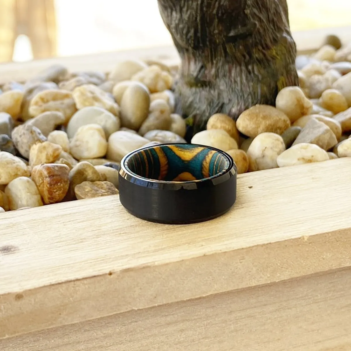 DAMON | Green and Yellow Wood, Black Tungsten Ring, Brushed, Beveled