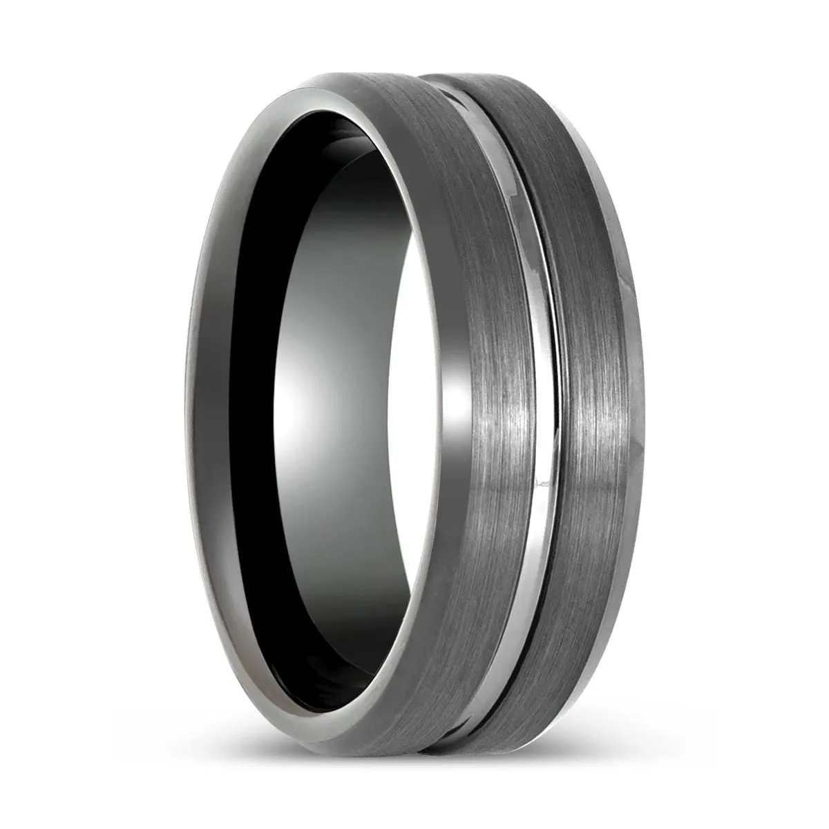 ECHORIDGE | Gun Metal Ring, Grooved Center, Brushed Beveled Edge