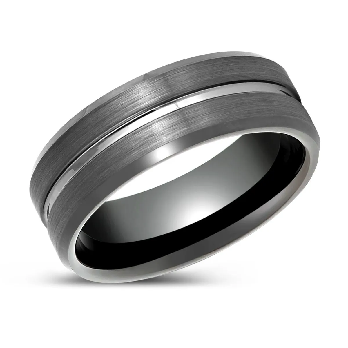 ECHORIDGE | Gun Metal Ring, Grooved Center, Brushed Beveled Edge