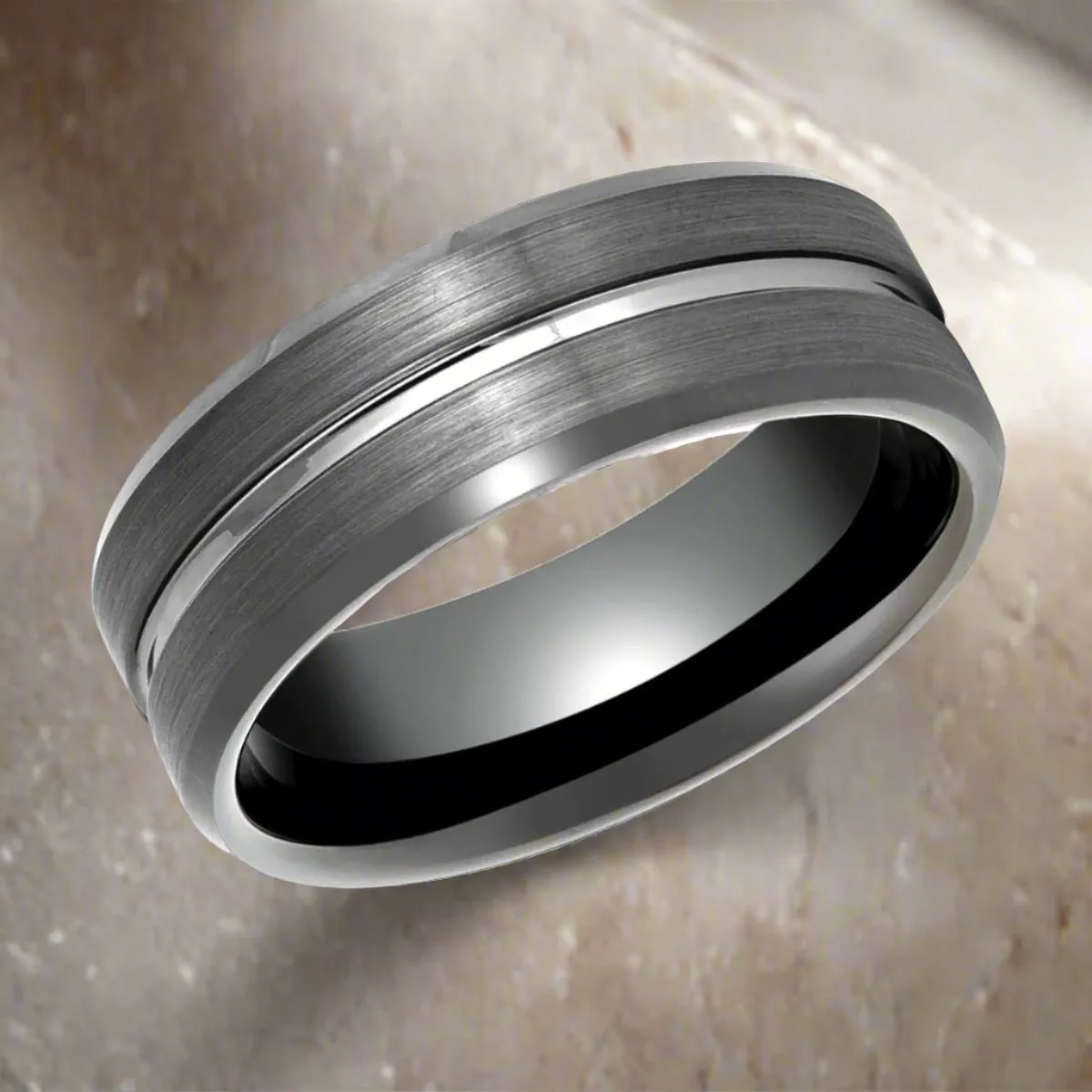 ECHORIDGE | Gun Metal Ring, Grooved Center, Brushed Beveled Edge