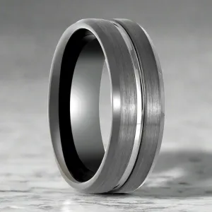 ECHORIDGE | Gun Metal Ring, Grooved Center, Brushed Beveled Edge