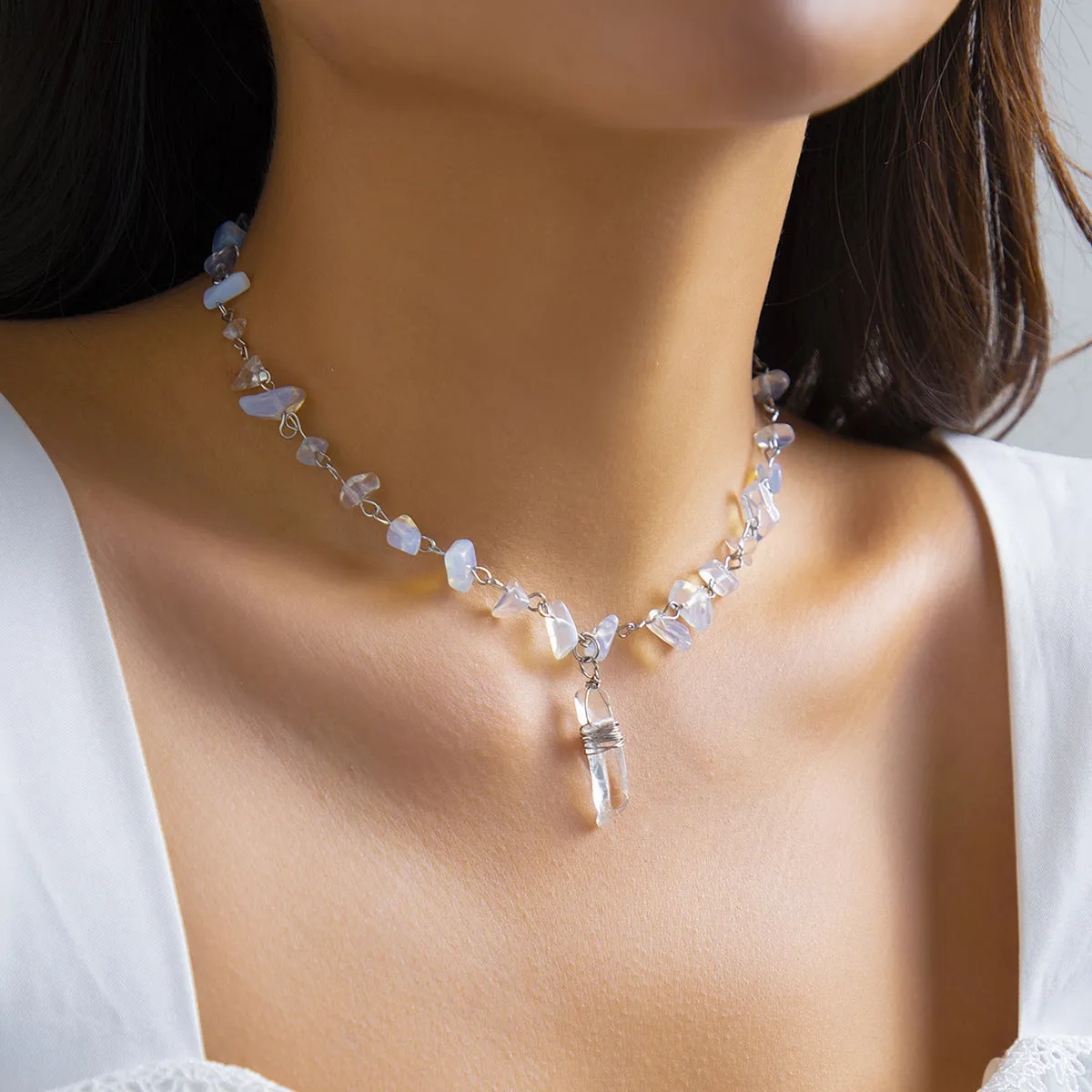 Elegant Crystal Pillar Necklace with Irregular Gravel Accents