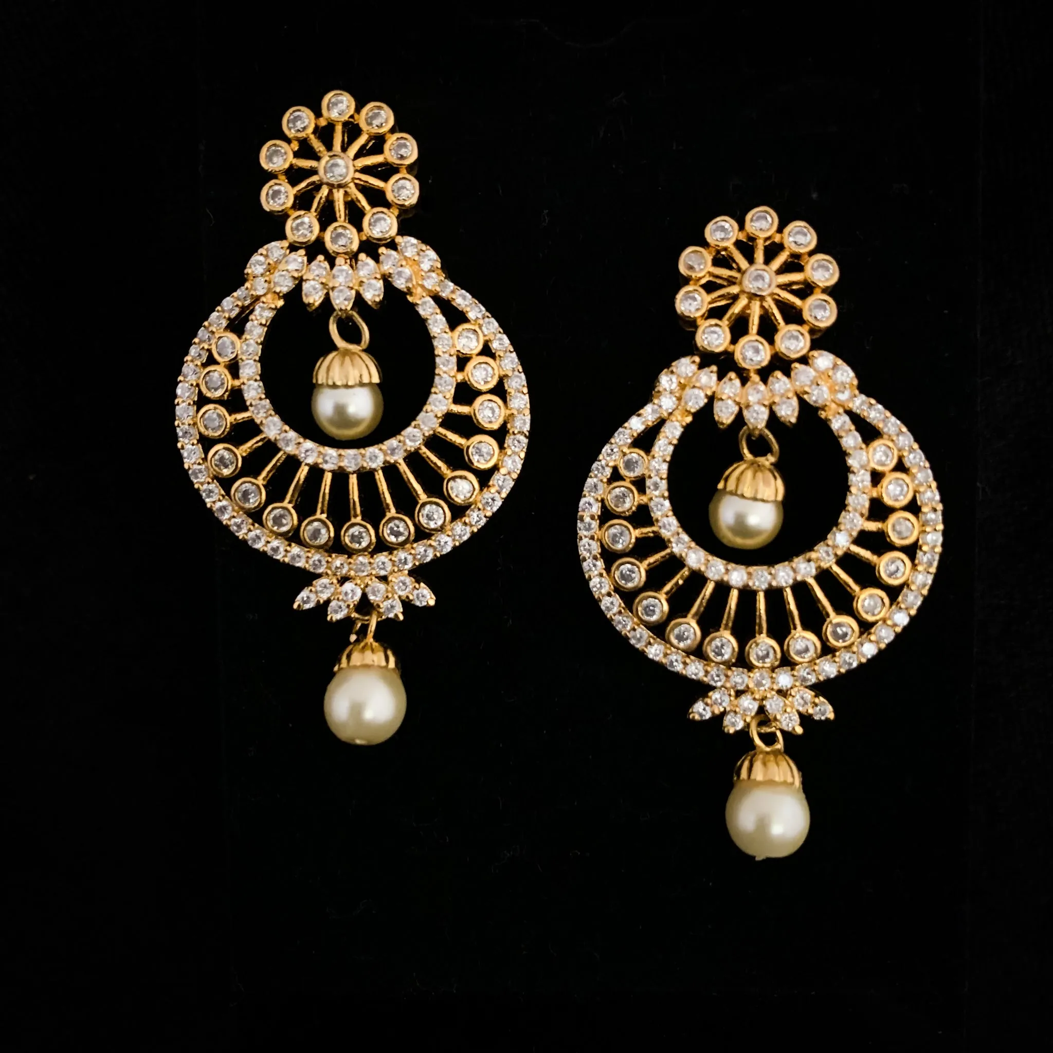 Elegant White Zircon (CZ) Stone Chaandbali Earrings in Uncut Diamond Style Finish