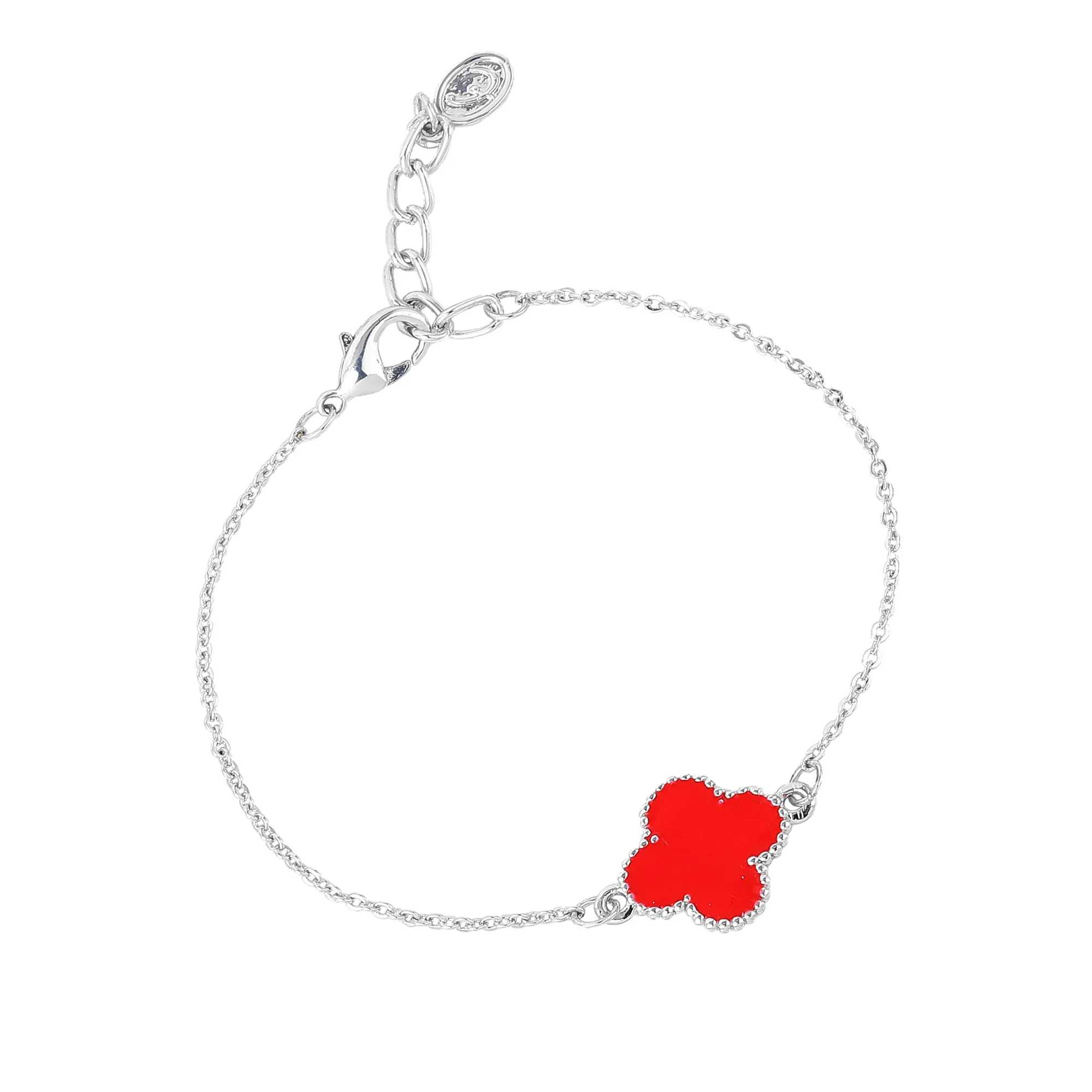 Estele Rhodium Plated Latest Fashionable Single Red Clover Leaf Designer Adjustable Bracelet for Girls and Women