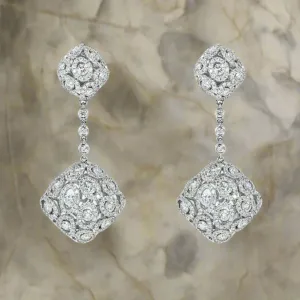 Etta 12 Carats Round Cut Detailed Diamond Drop Earrings in 18K White Gold