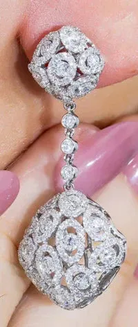 Etta 12 Carats Round Cut Detailed Diamond Drop Earrings in 18K White Gold