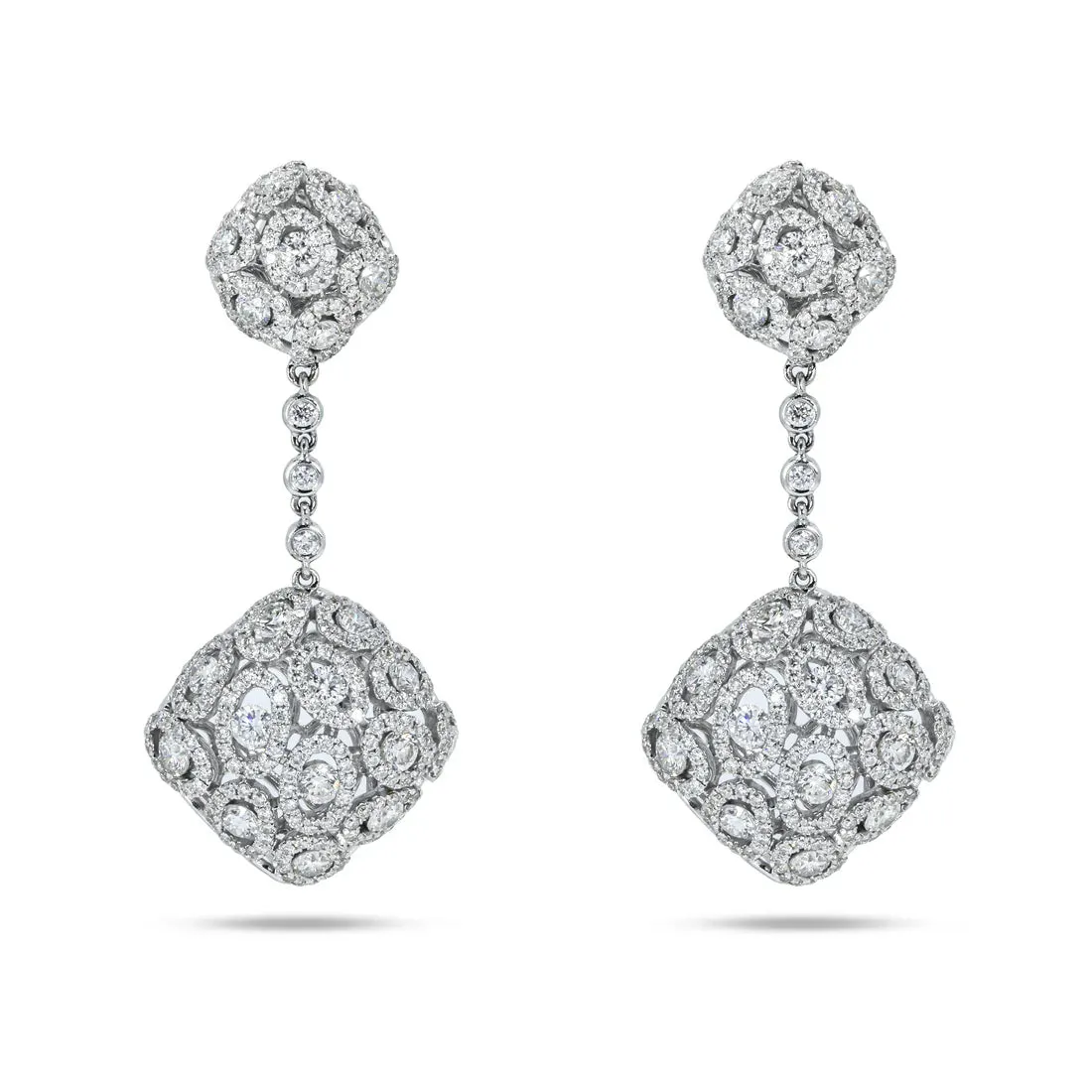 Etta 12 Carats Round Cut Detailed Diamond Drop Earrings in 18K White Gold