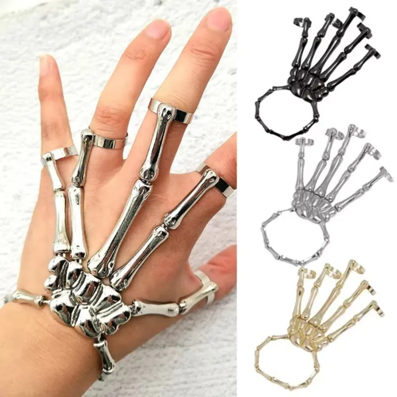 Fashion Women Men Gothic Punk Skull Ghost Skeleton Finger Bracelet Hand Chain Bangles for Halloween Femme Party Accessories