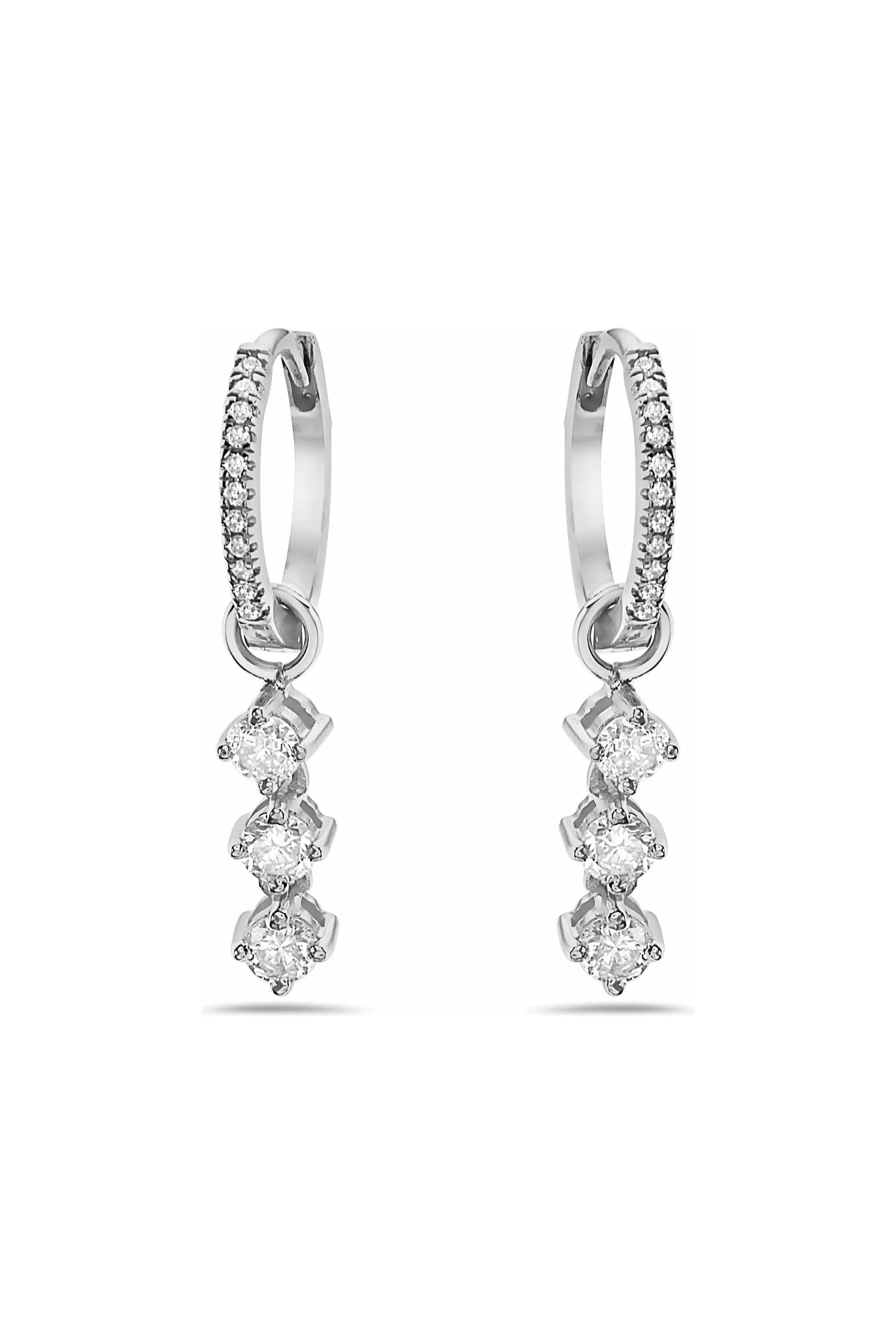 FC Creations Earrings 14K Gold Diamond Huggies with 3 Drop Diamonds | White Gold  0.60 Carats | Clearance Final Sale