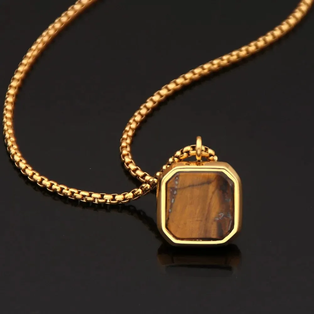 Geometric Square Necklaces For Men Natural Stone Solid Stainless Steel Polygon Pendant Necklace