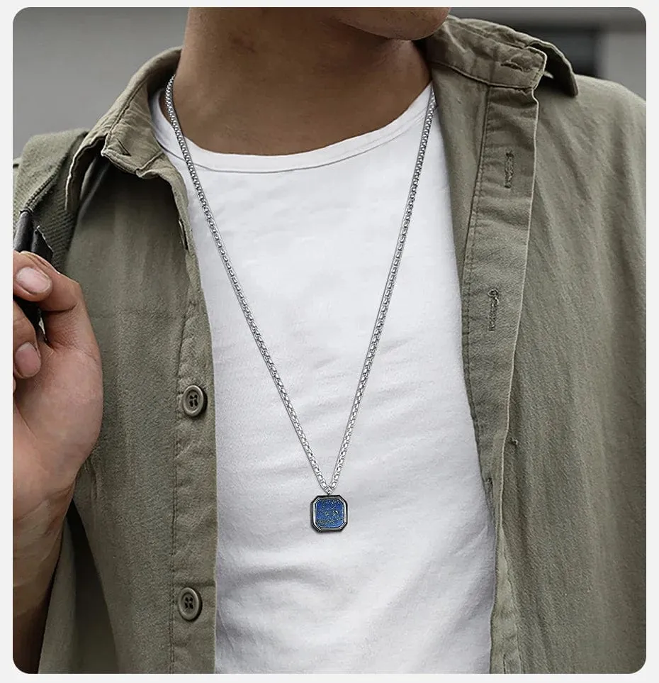 Geometric Square Necklaces For Men Natural Stone Solid Stainless Steel Polygon Pendant Necklace