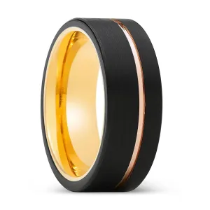 GLORIOUS | Gold Ring, Black Tungsten Ring, Rose Gold Offset Groove, Brushed, Flat