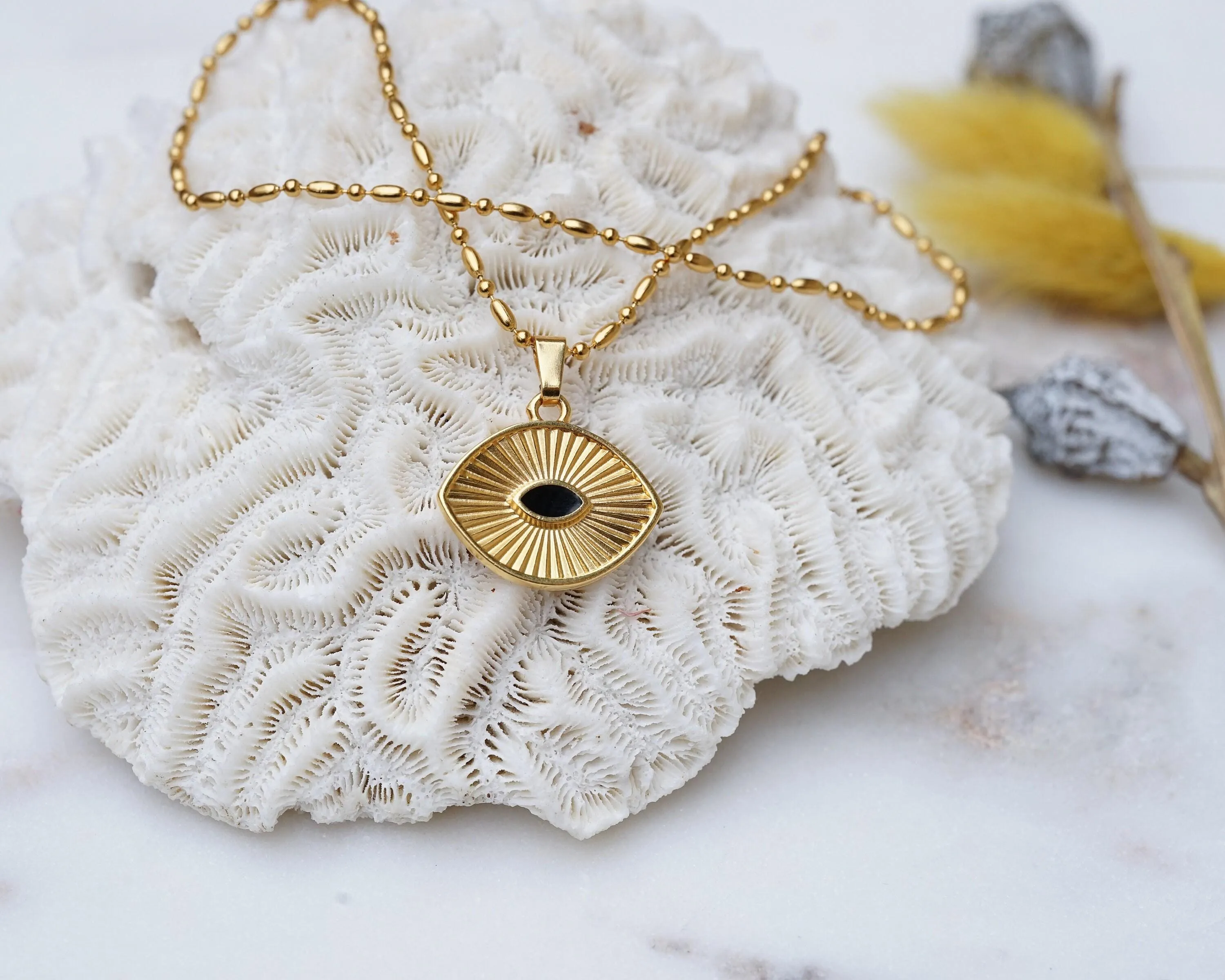 Gold Dainty Eye Protection Pendant w BlackEvil Eye Enamel