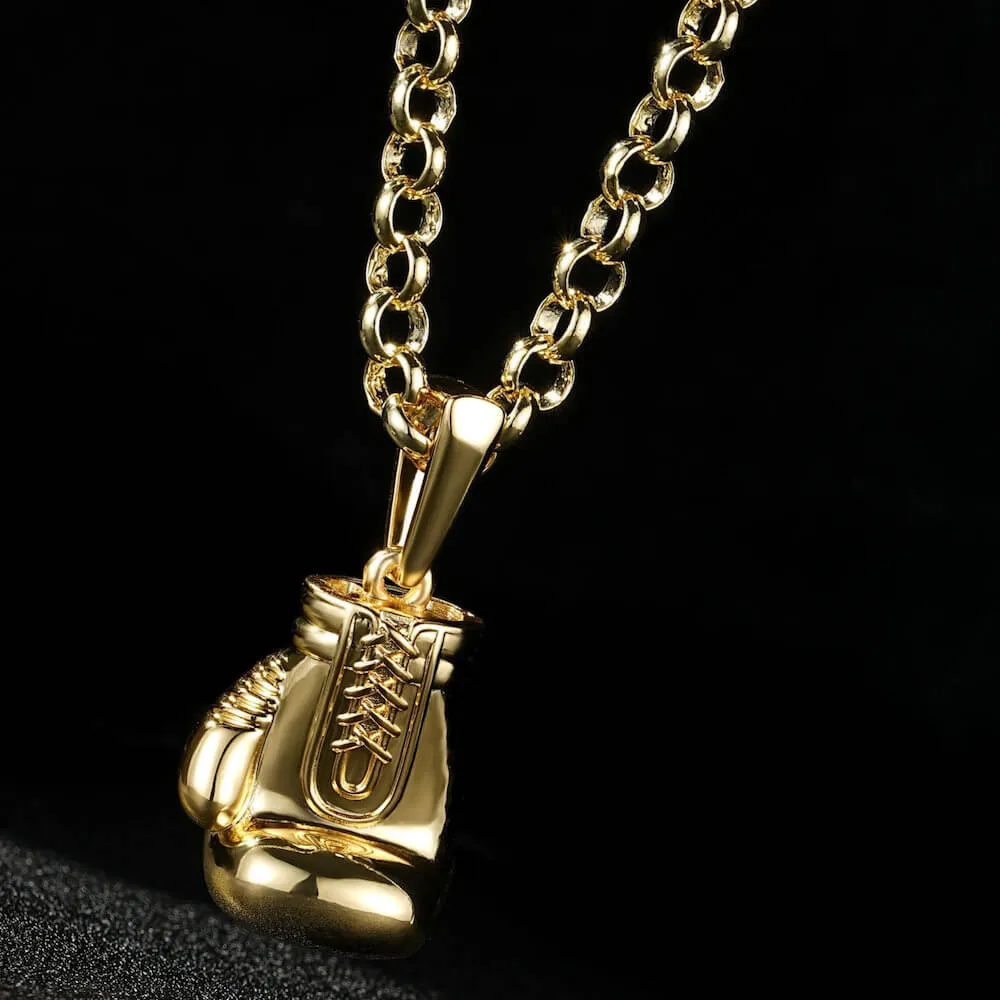 Gold Large Boxing Glove Pendant 22 Inch 7mm Belcher Chain