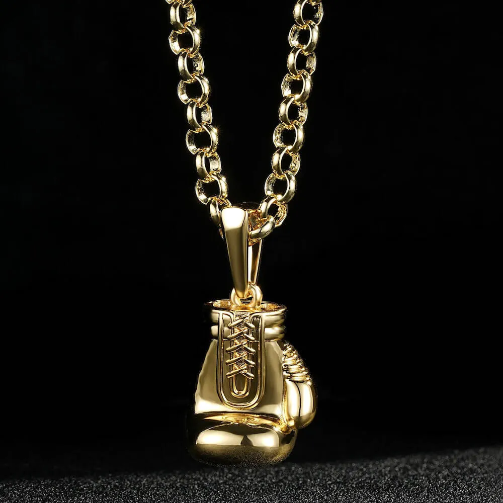 Gold Large Boxing Glove Pendant 22 Inch 7mm Belcher Chain