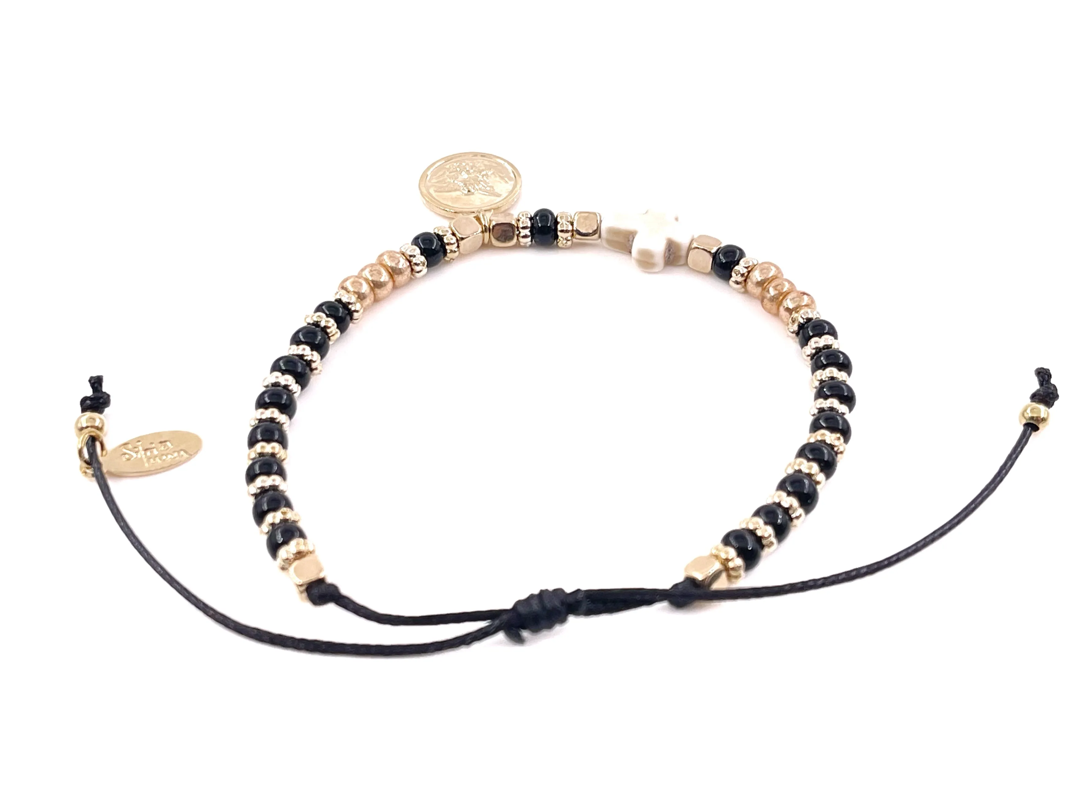 Gold Saint Michael Adjustable Glass Seed Beads Black Bracelet