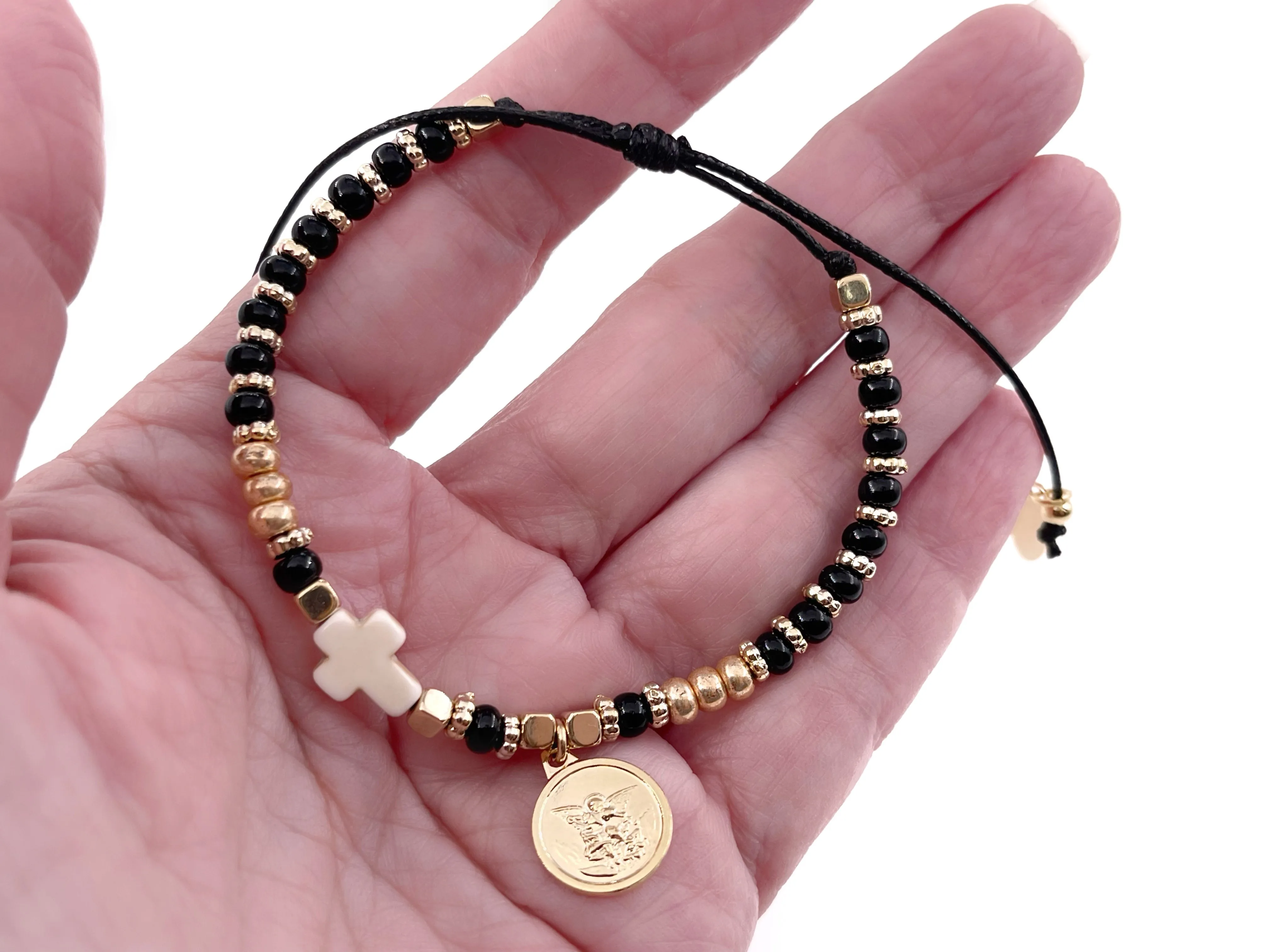 Gold Saint Michael Adjustable Glass Seed Beads Black Bracelet