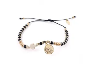 Gold Saint Michael Adjustable Glass Seed Beads Black Bracelet