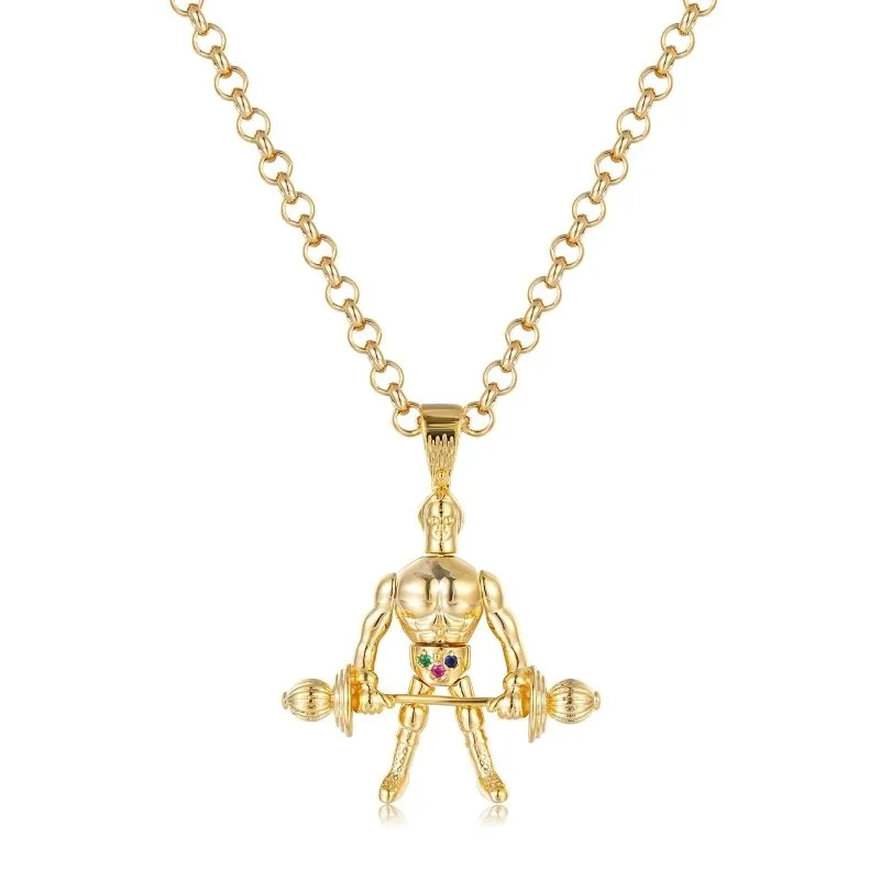 Gold Weightlifter Pendant Necklace 22 Inch 5mm Belcher Chain