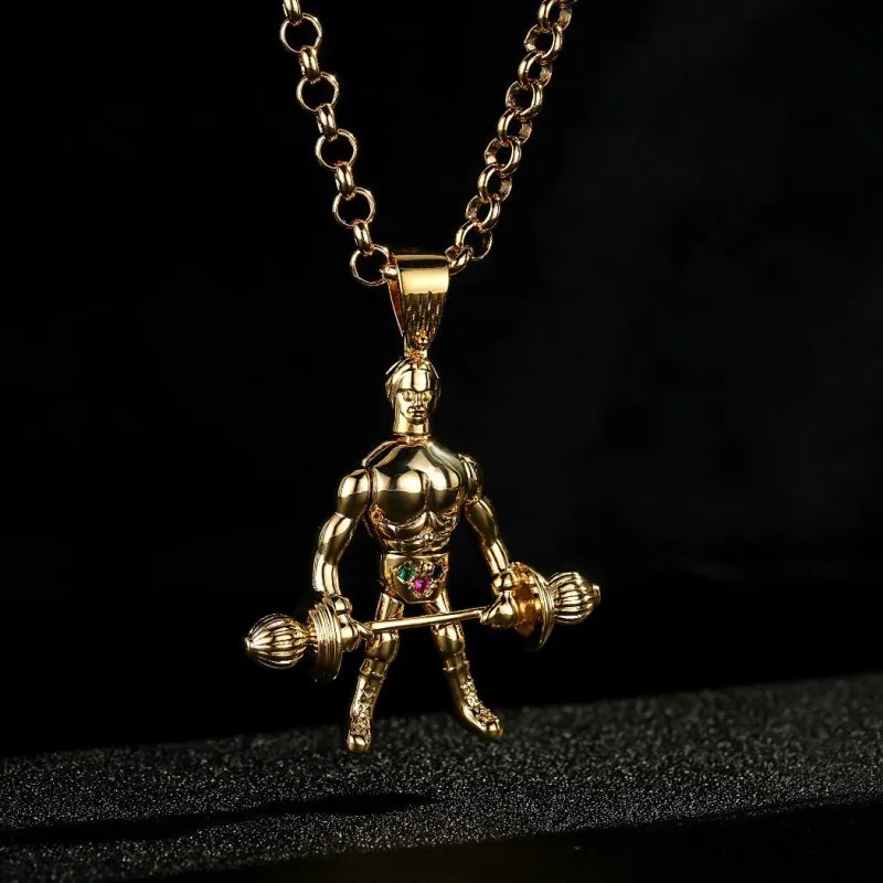 Gold Weightlifter Pendant Necklace 22 Inch 5mm Belcher Chain