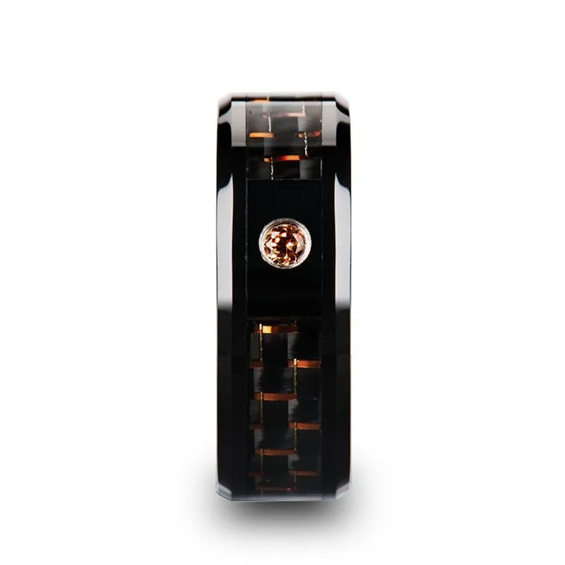 HELSING | Black Ceramic Ring, Orange Padparadscha Stone, Black & Orange Carbon Fiber Inlay, Beveled