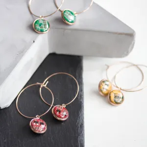 Hoop earrings with 12mm round circuit board pendants, rose gold colored wires