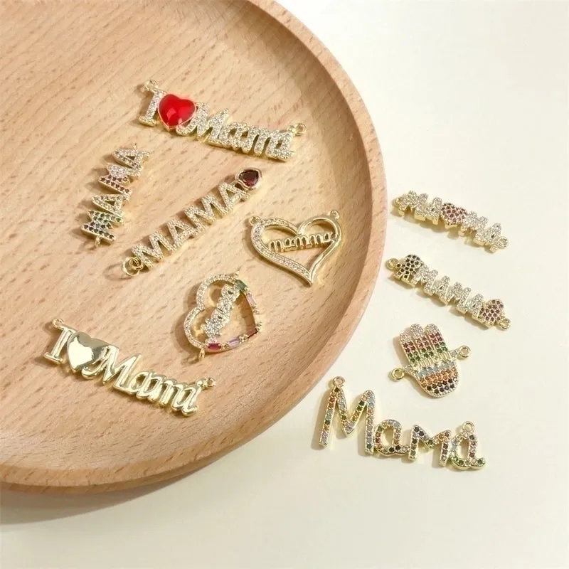 Ins Style Mama Shiny Letter Palm Heart Shape Gold Plated Zircon Copper Wholesale Pendants