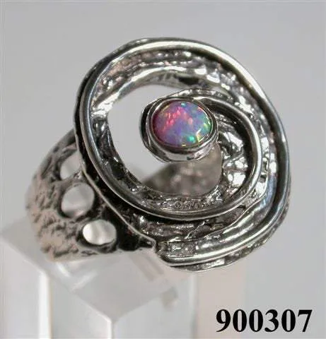 Israeli handcrafted ring hammered sterling silver 925 set with opal