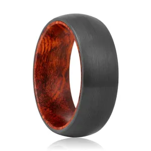 KNOT | Snake Wood, Black Tungsten Ring, Brushed, Domed