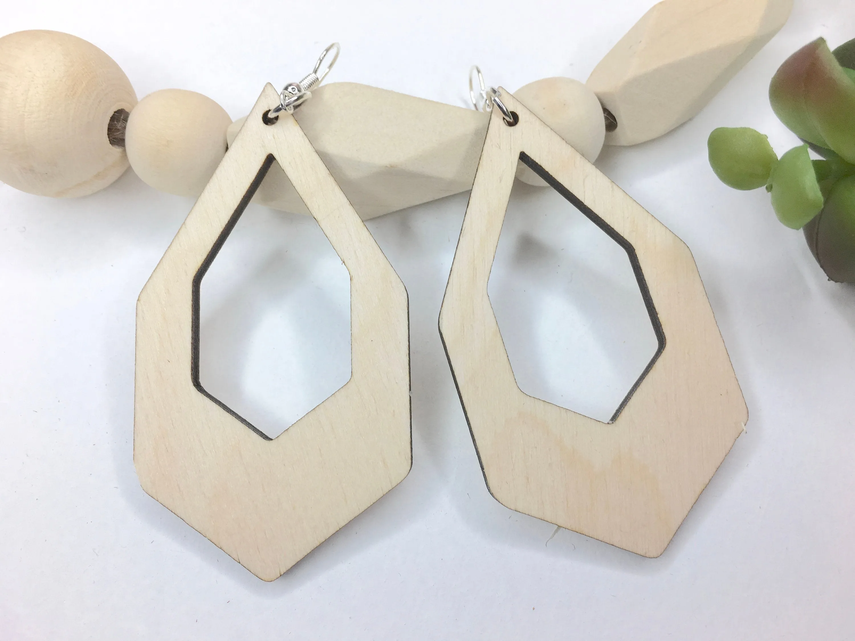 Large Geometric Drop Earrings Dangle Wooden Earrings Birthday Gift Idea Cream Earrings