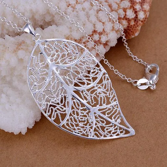 Leaf Necklace - Elegant Filigree Silver Leaf Pendant Necklace