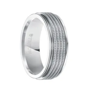 LEITH White Tungsten Carbide Comfort Fit Flat Wedding Band with Multi Coin Edge Textured Center and Polished Rims by Triton Rings - 7.5 mm