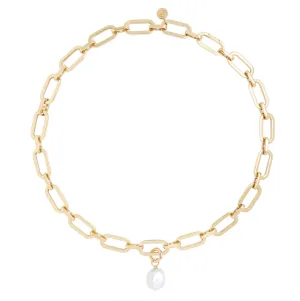 Link Chain Necklace and Baroque Pearl Charm Gold Set