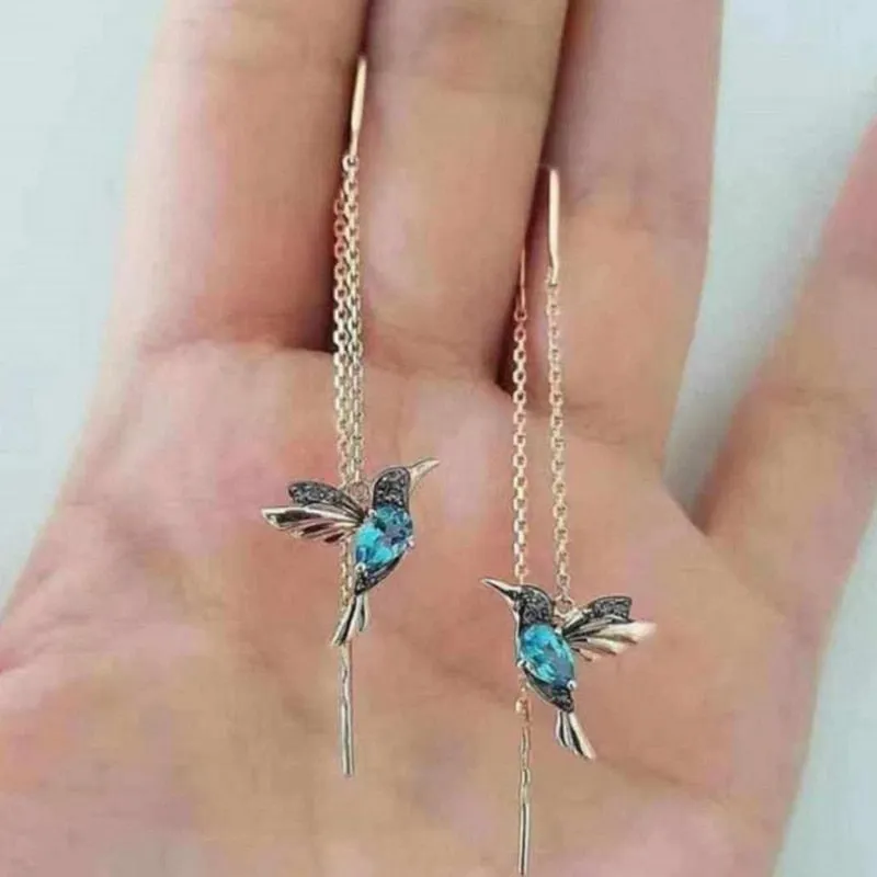 Long Drop Earrings Bird Pendant Tassel Crystal Pendant Earrings, 2 Colors Hummingbird Earring