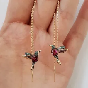 Long Drop Earrings Bird Pendant Tassel Crystal Pendant Earrings, 2 Colors Hummingbird Earring