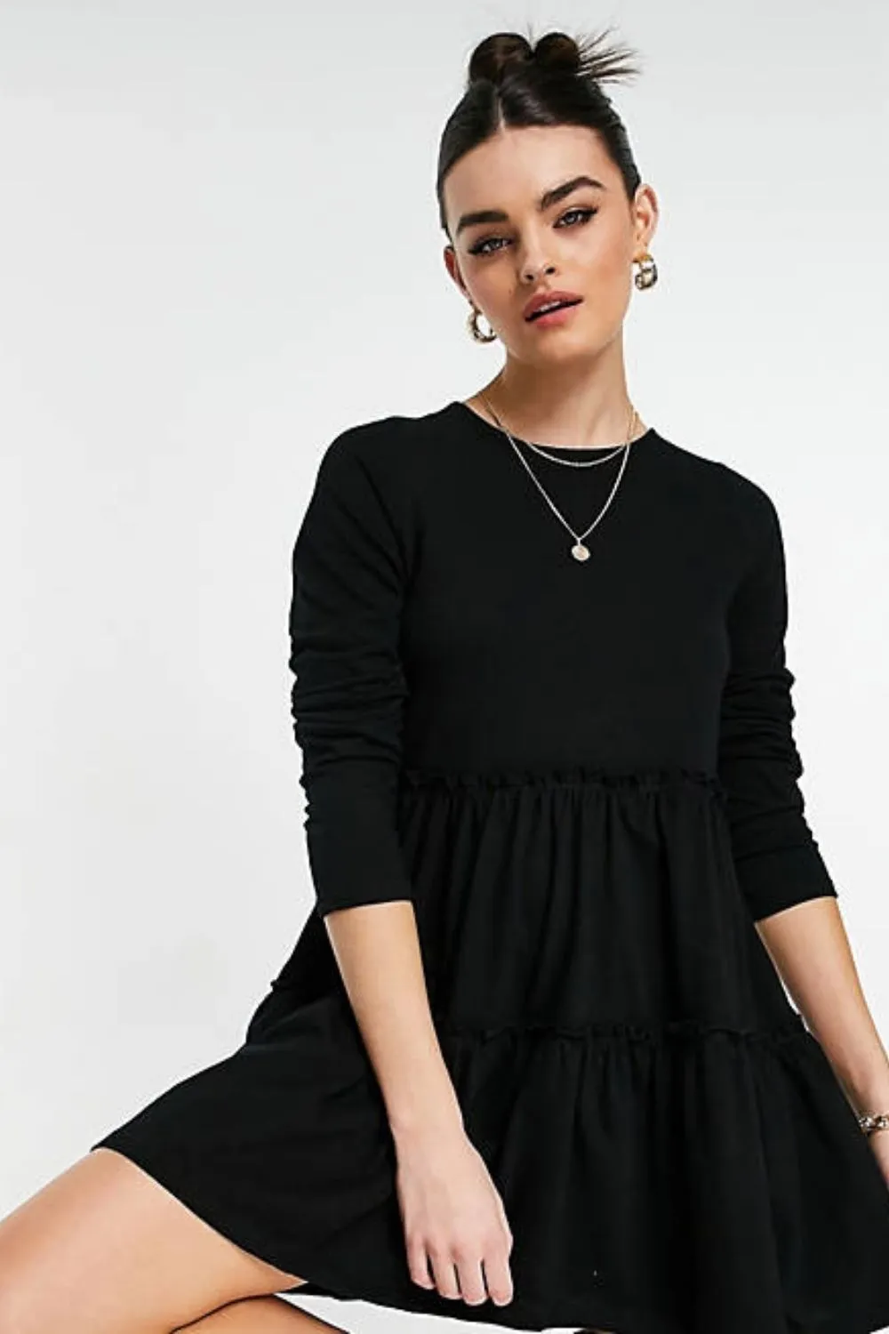 Long Sleeved Tiered Smock Mini TShirt Dress In Black