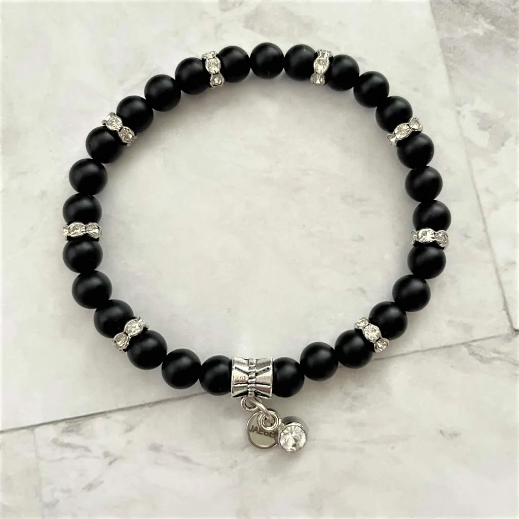 Matte Black Onyx and Rhinestone Beaded Bracelet