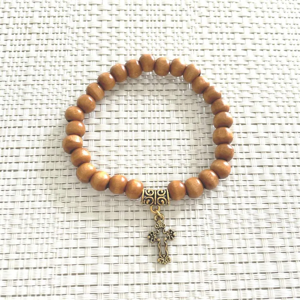 Mens Brown Wood Beaded Bracelet with Gold Cross Charm