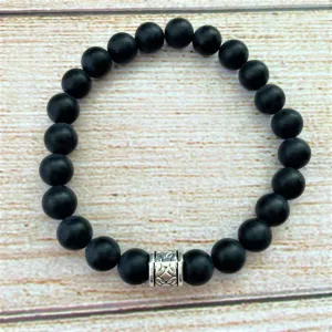 Mens Matte Black Onyx Beaded Bracelet with Silver Bead